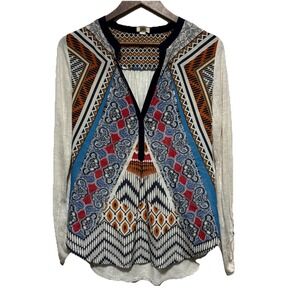 TINY Anthro Blouse Womens M Batik Artsy Mixed Material Roll Tab Lightweight Top